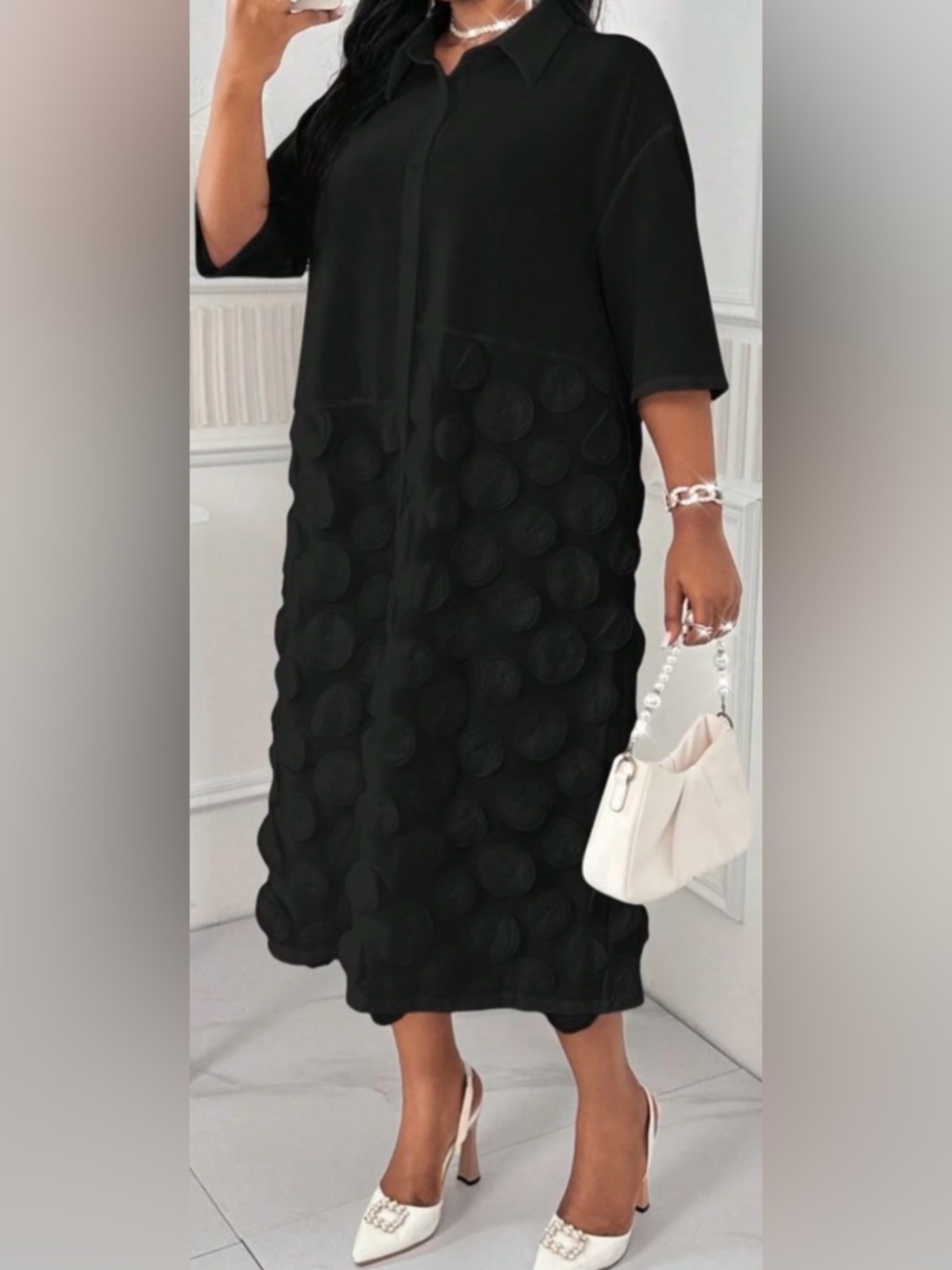 Black Midi Shirt Dress with Textured Circle Panels